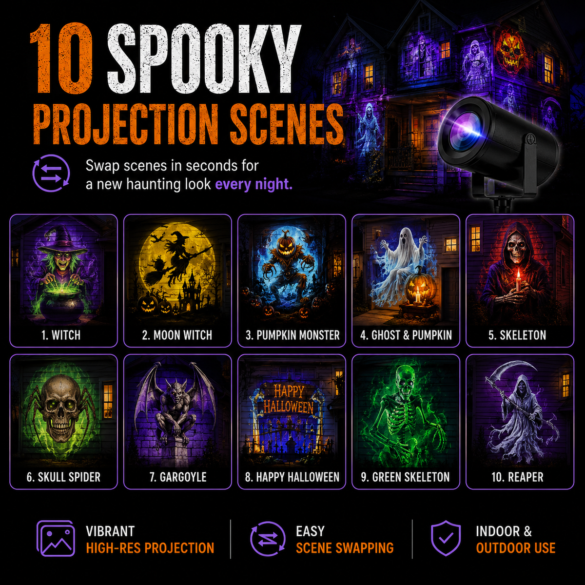 32FT HD Halloween Projector | 10 Projection Patterns Indoor & Outdoor Display