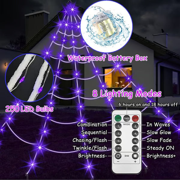 Halloween LED Spider Web Lights & Giant Black Spider Decor | 250 LEDs, 8 Modes, Remote Control
