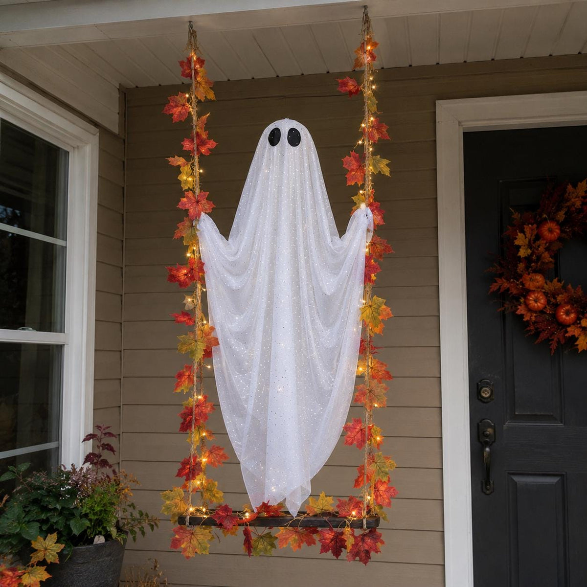 Lighted Halloween Ghost Swing | Hanging Porch Decoration with Warm String Lights, 3 Sizes