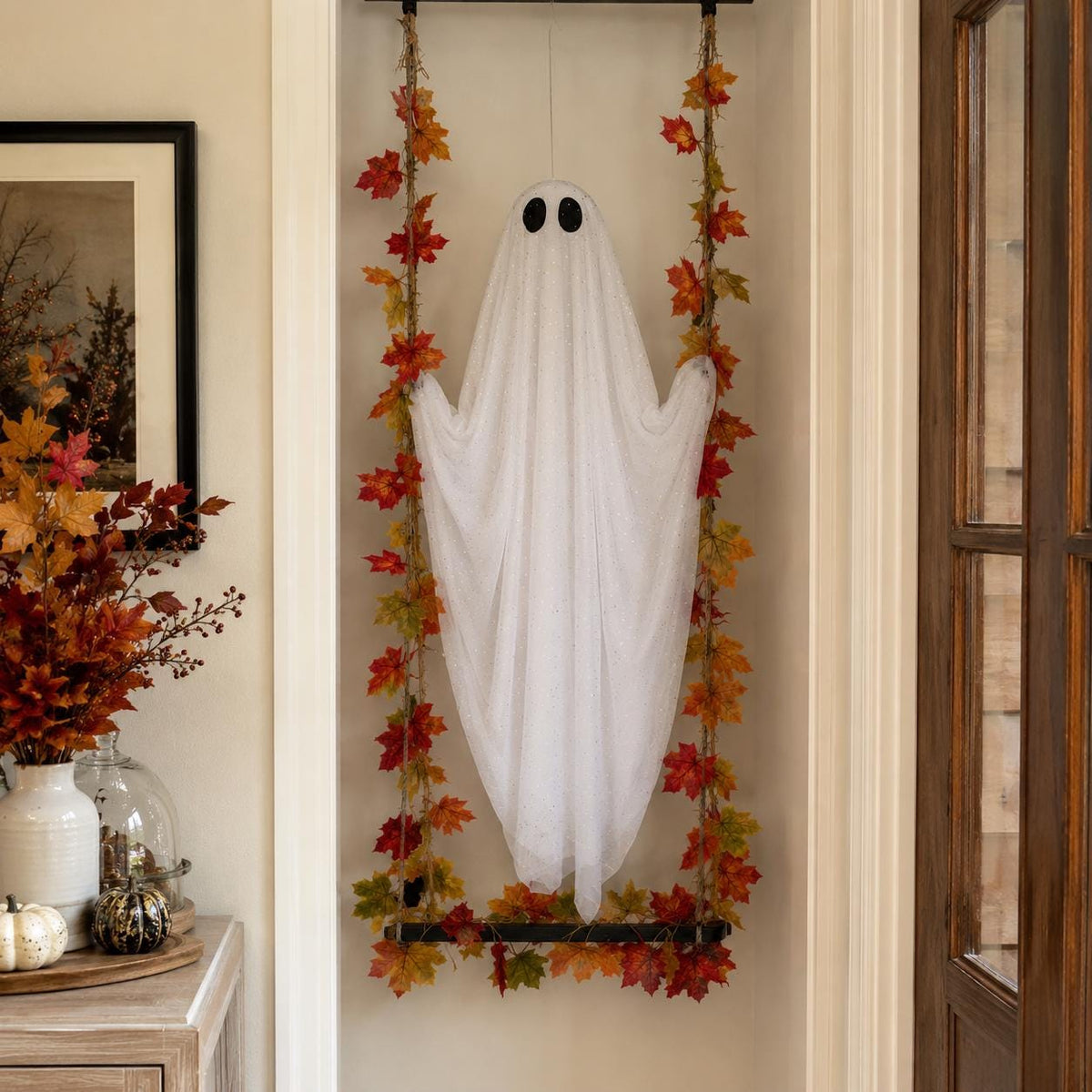 Lighted Halloween Ghost Swing | Hanging Porch Decoration with Warm String Lights, 3 Sizes