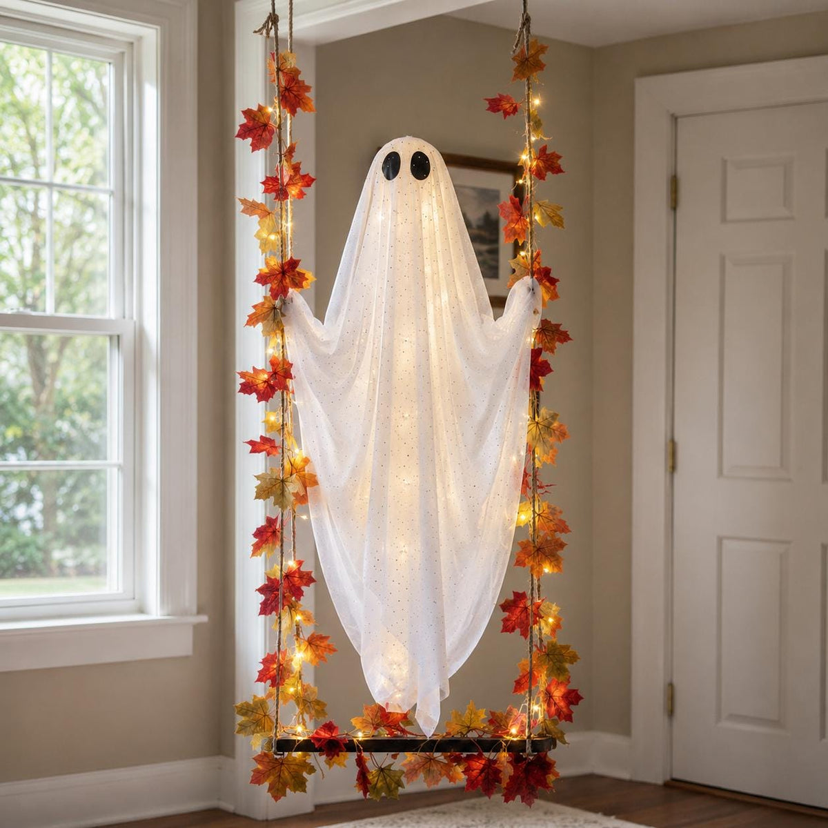 Lighted Halloween Ghost Swing | Hanging Porch Decoration with Warm String Lights, 3 Sizes