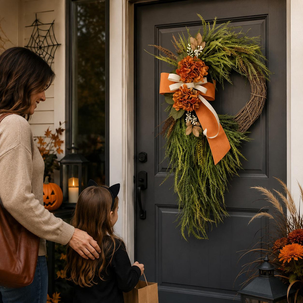 The fall hydrangea wreath at door height beside a visitor for scale on an autumn porch