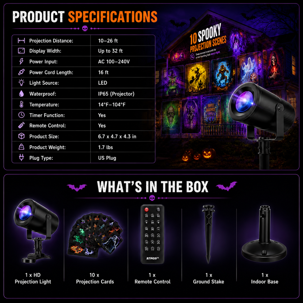 32FT HD Halloween Projector | 10 Projection Patterns Indoor & Outdoor Display