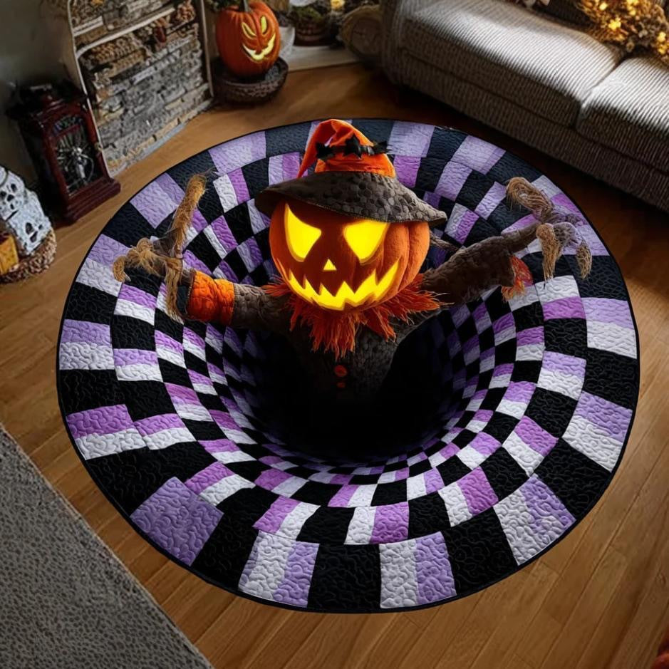 Round rug with a glowing jack-o-lantern scarecrow on purple and white checks