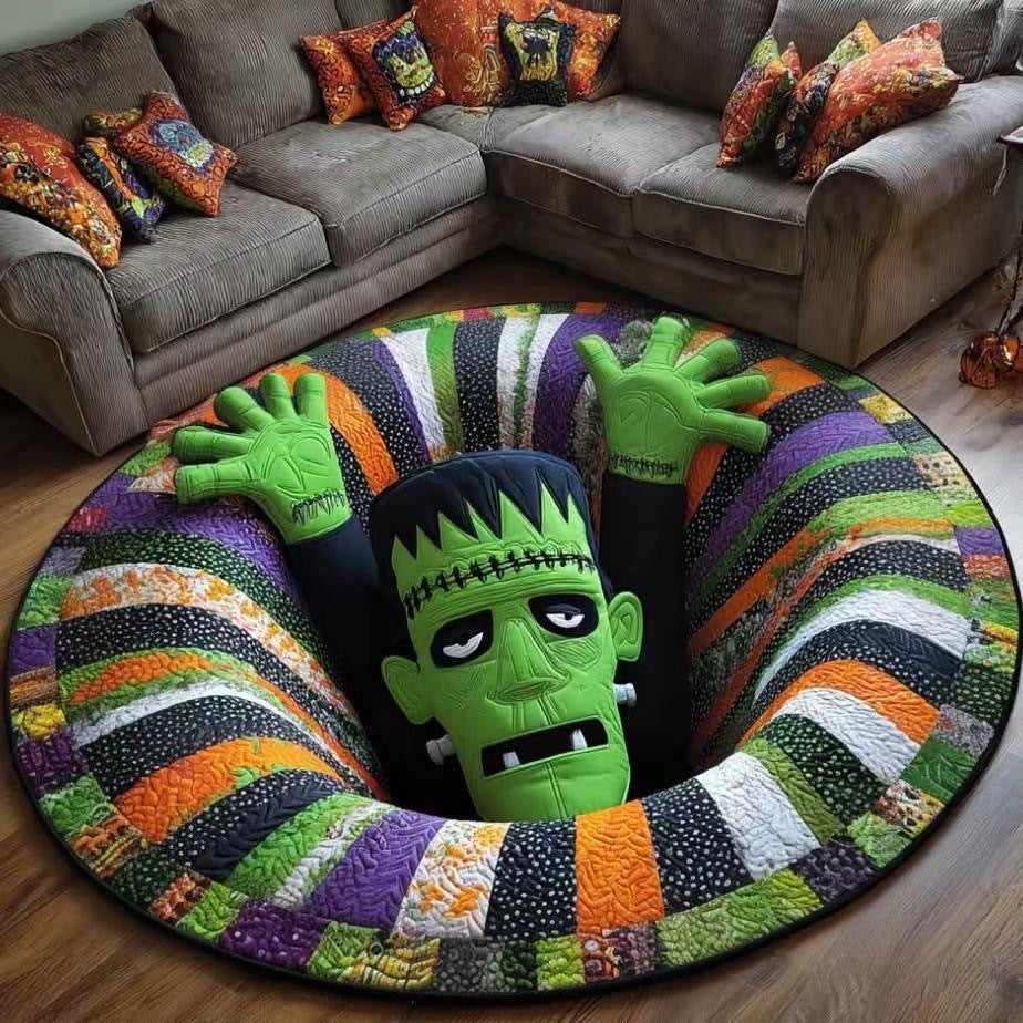 Round rug with a green Frankenstein monster climbing out of a 3D illusion hole