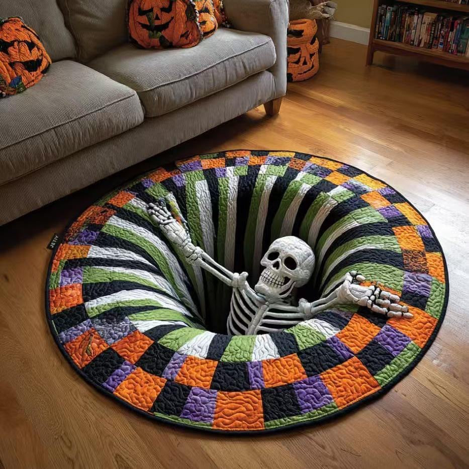 Round Halloween rug printed with a skeleton climbing out of a 3D hole in a living room floor