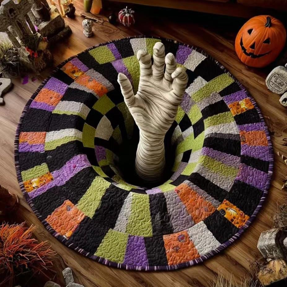 Round rug with a bandaged mummy hand rising through a 3D illusion hole