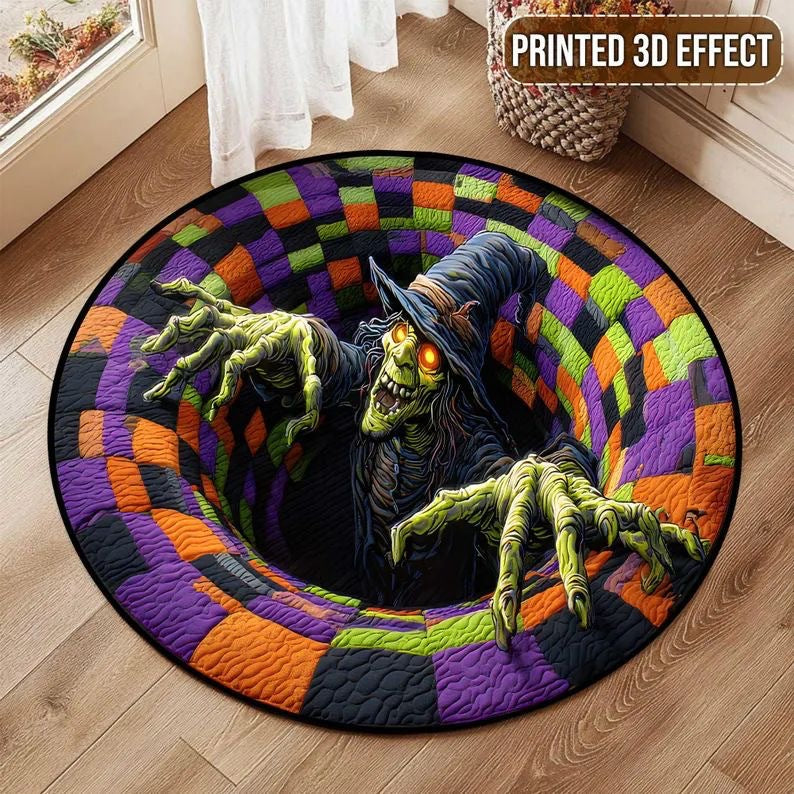 Round rug with a green witch and clawed hands rising from a 3D illusion hole