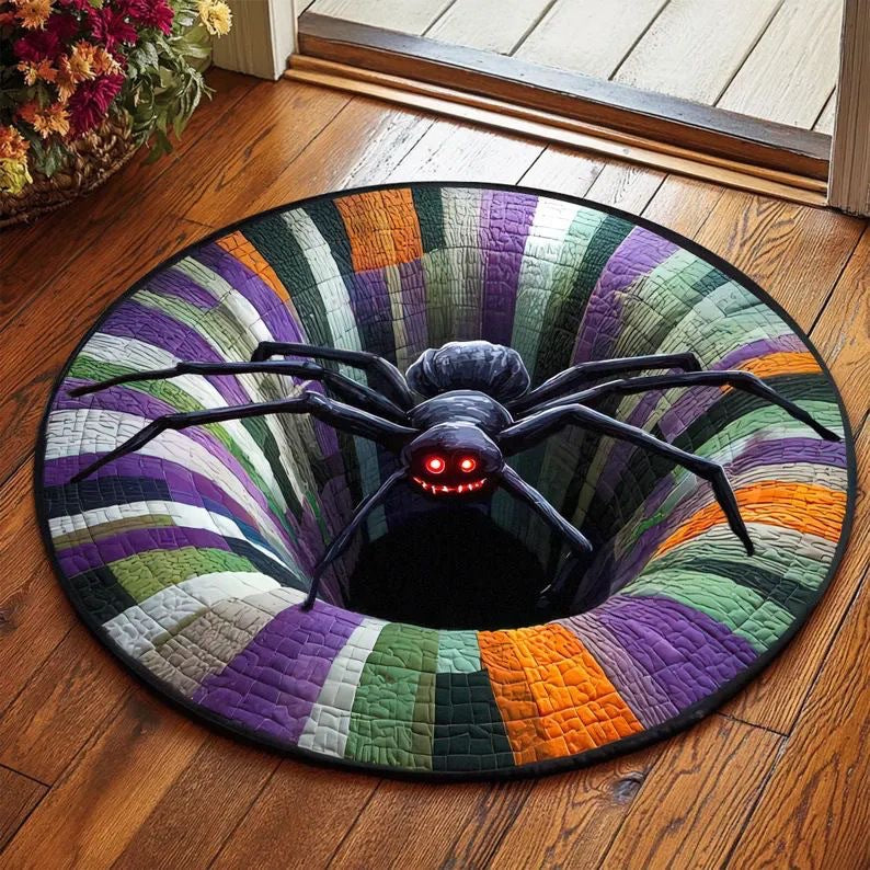 Round rug with a red-eyed black spider over a 3D illusion shaft in a doorway