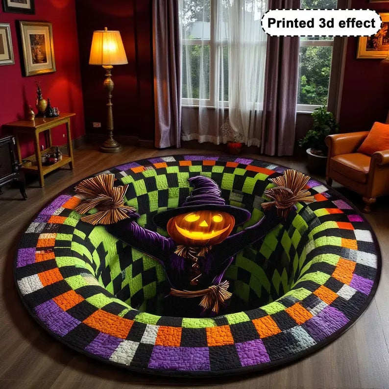 Round rug with a jack-o-lantern wizard in a purple hat on green and orange checks
