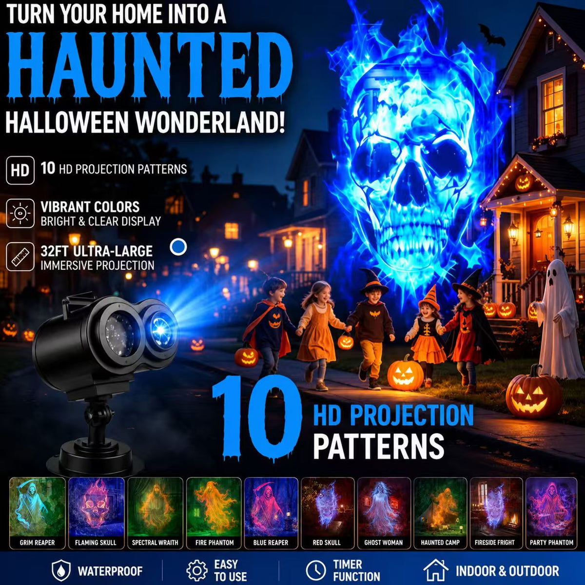 32FT HD Halloween Projector | 10 Projection Patterns Indoor & Outdoor Display