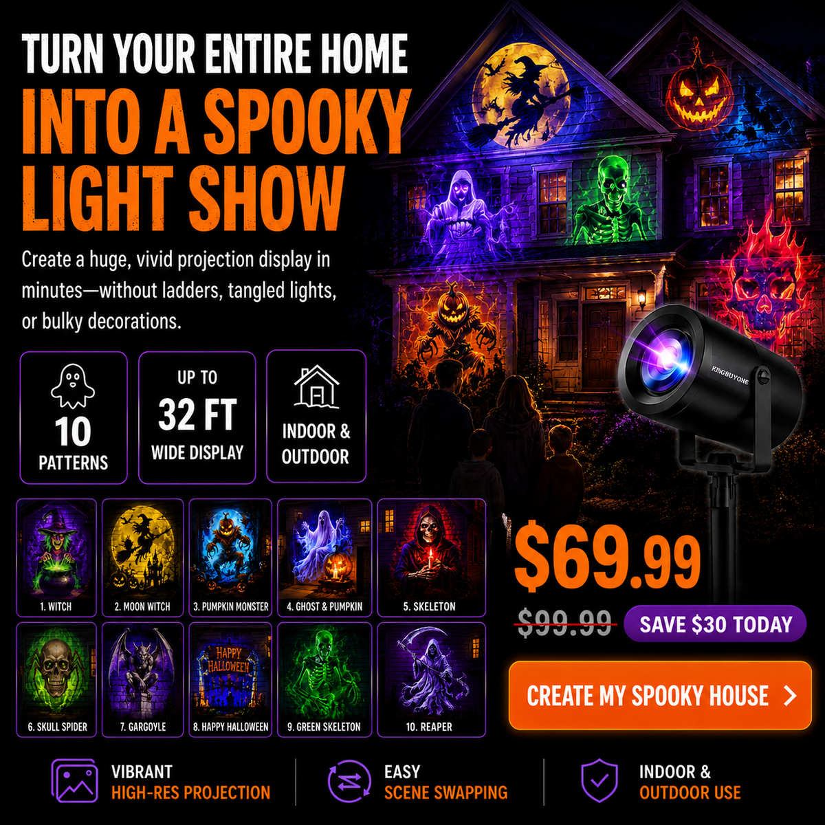 32FT HD Halloween Projector | 10 Projection Patterns Indoor & Outdoor Display