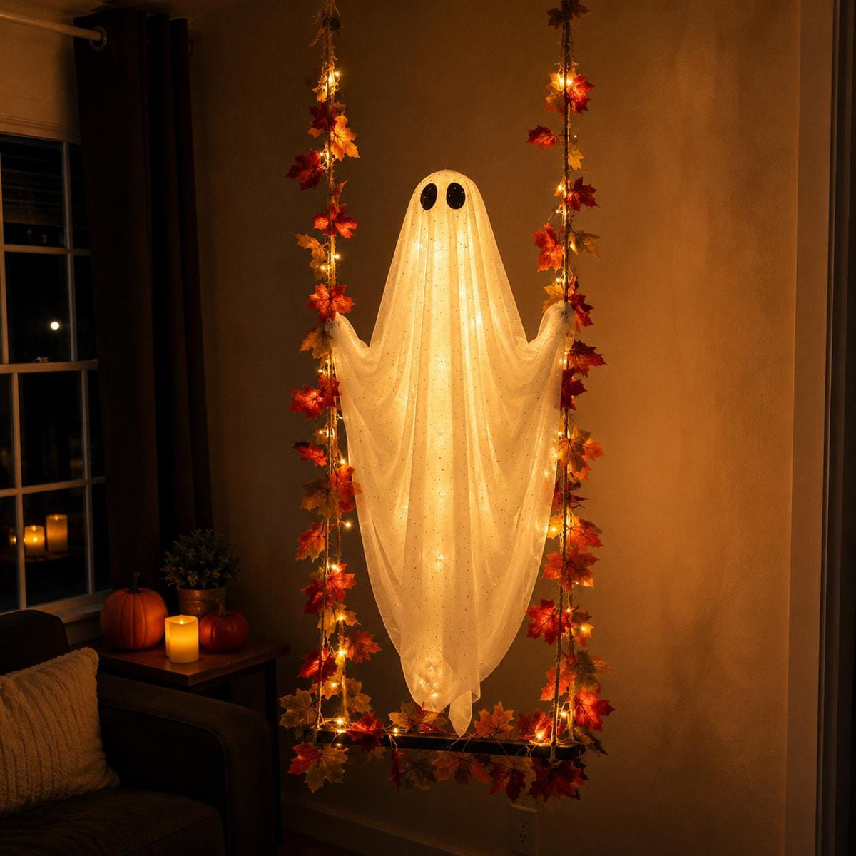 Lighted Halloween Ghost Swing | Hanging Porch Decoration with Warm String Lights, 3 Sizes