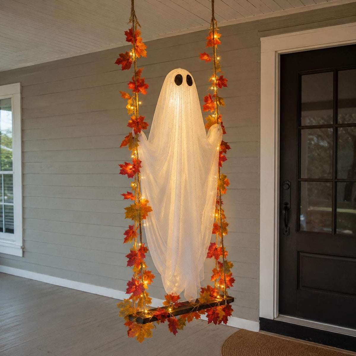 Lighted Halloween Ghost Swing | Hanging Porch Decoration with Warm String Lights, 3 Sizes