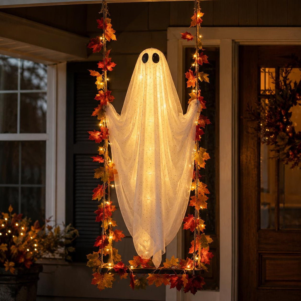 Lighted ghost swing decoration glowing on a covered porch at dusk
