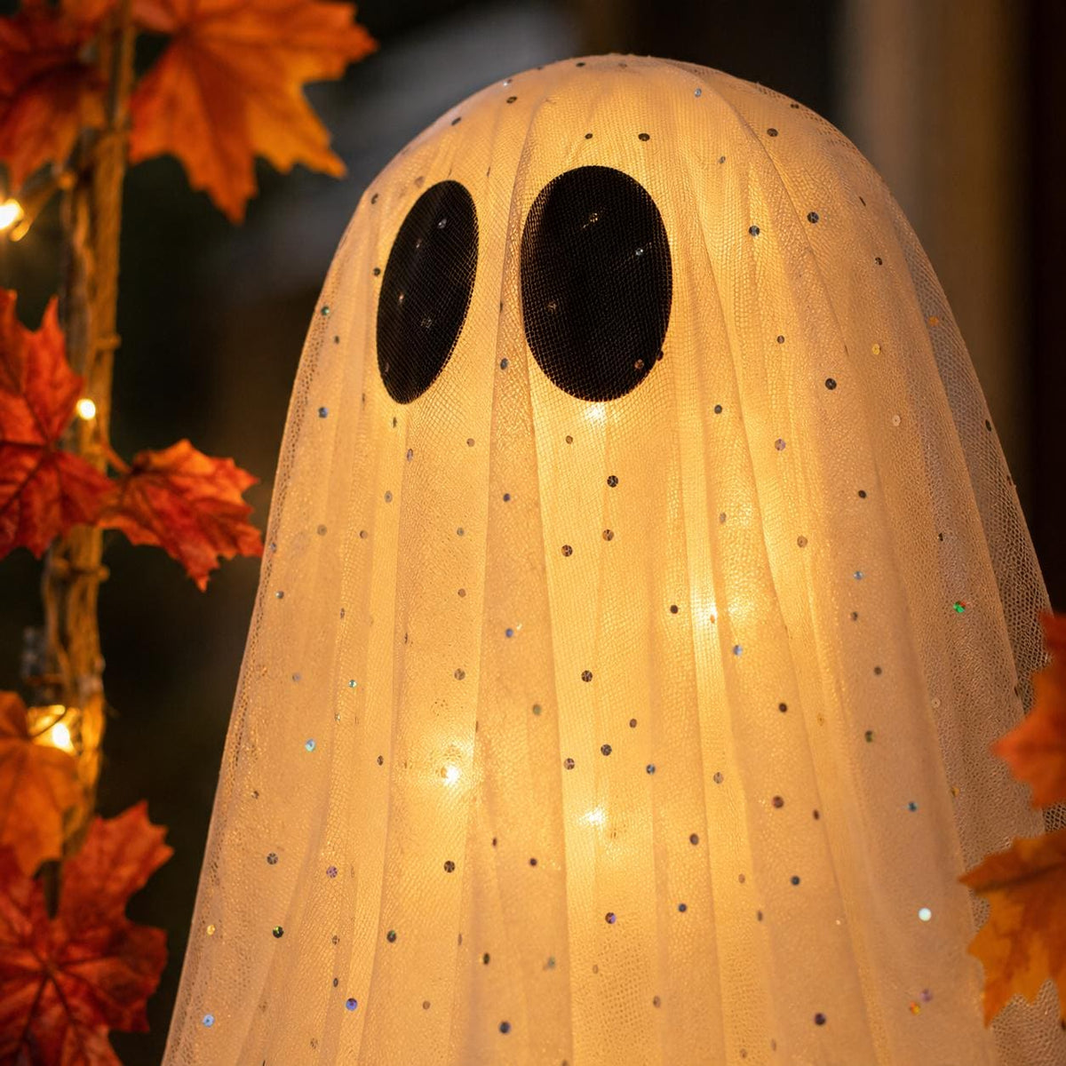 Lighted Halloween Ghost Swing | Hanging Porch Decoration with Warm String Lights, 3 Sizes
