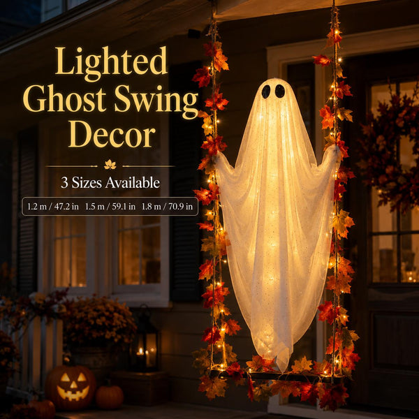 Lighted Halloween Ghost Swing | Hanging Porch Decoration with Warm String Lights, 3 Sizes