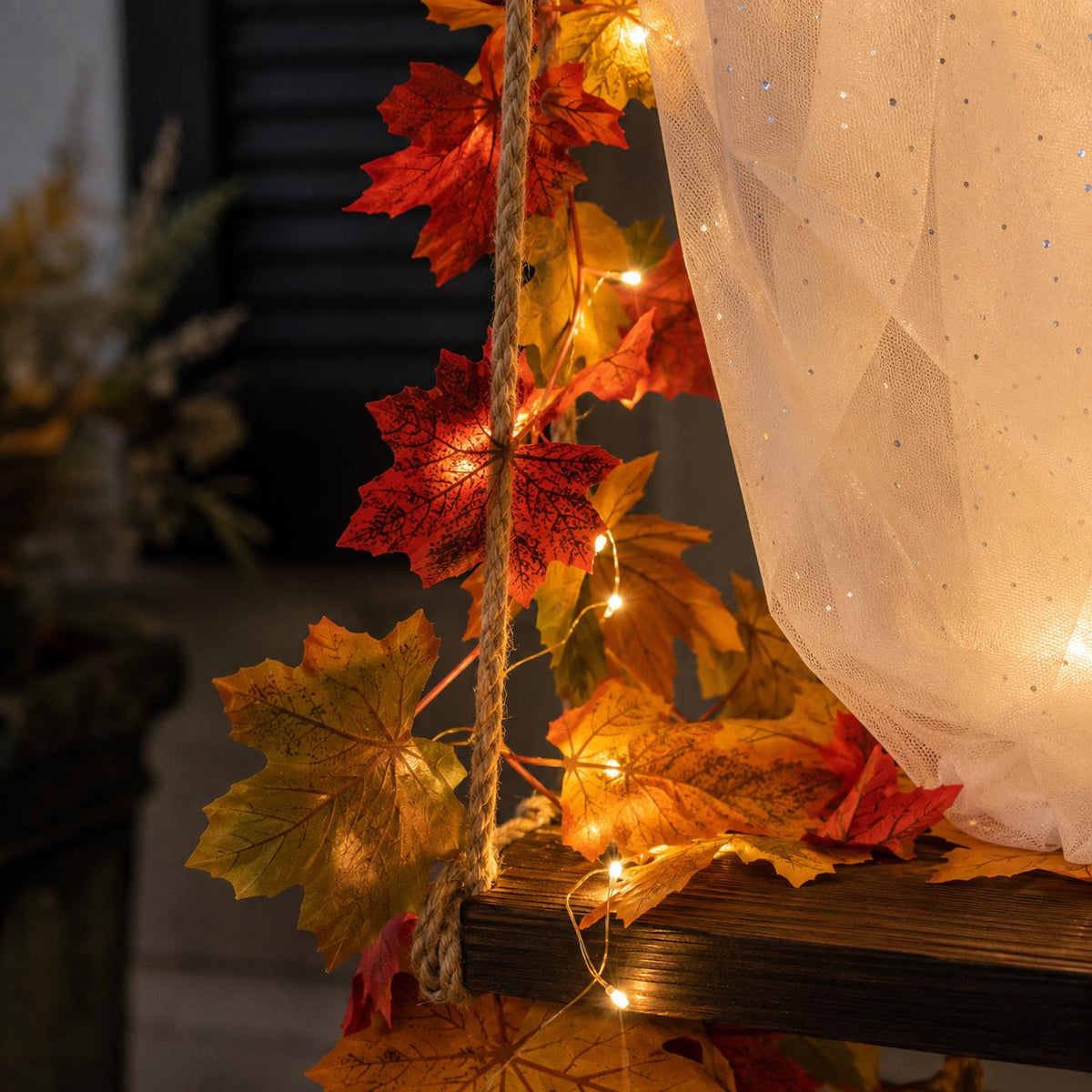 Lighted Halloween Ghost Swing | Hanging Porch Decoration with Warm String Lights, 3 Sizes