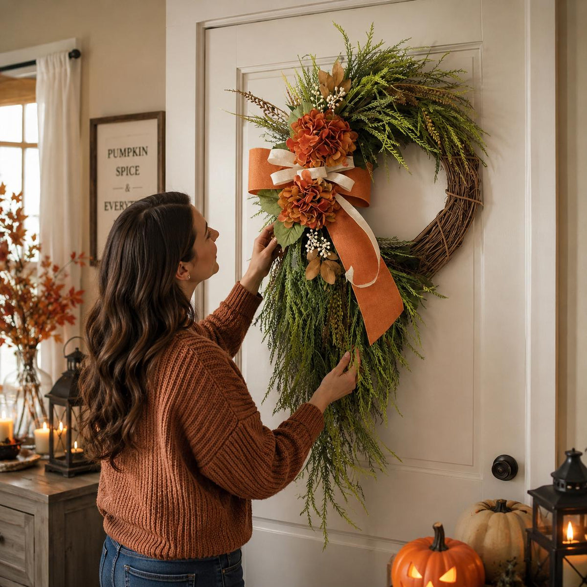 A woman hanging the fall hydrangea wreath on an indoor entryway door beside autumn decor