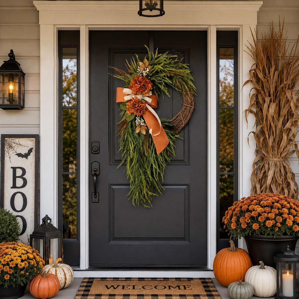 The fall hydrangea wreath on a dark front door framed by autumn porch decor and pumpkins