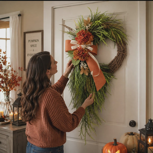 Fall Hydrangea Wreath | 30 in Cascading Greenery Door Swag, Burnt Orange & Cream, Handmade in the USA